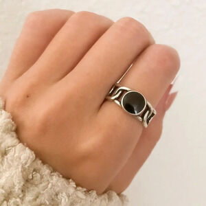 925 Sterling Silver Black Circle Ring Dainty Ring Geometric Minimalist Ring